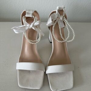 Elegant White Women's Heels with Pearl Accents